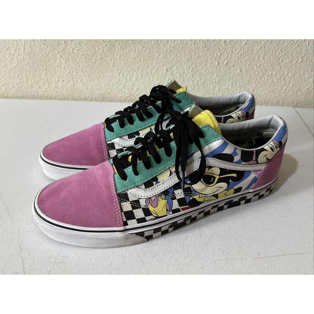 Mens 13 - Vans Old Skool Disney 80s Mickey Mouse Pink Teal Checkerboard Sneakers